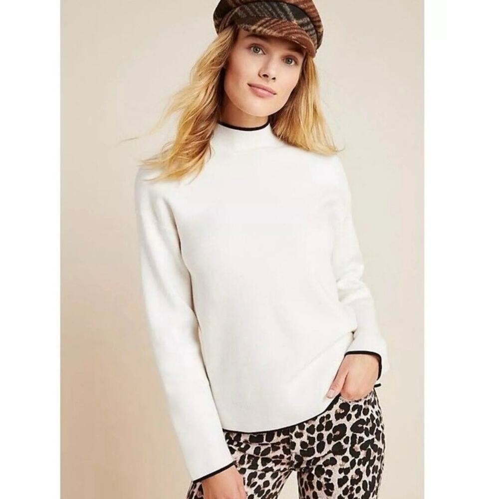 ANTHROPOLOGIE IVANNA LIZZIE MOCK NECK BLACK TRIM WHITE SWEATER TOP SZ SMALL S